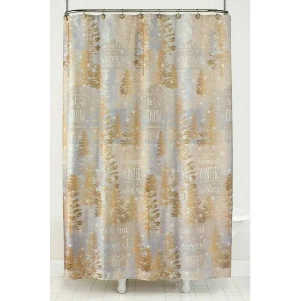 Christmas Let It Snow Shower Curtain and Hook Set Silver Gold 72